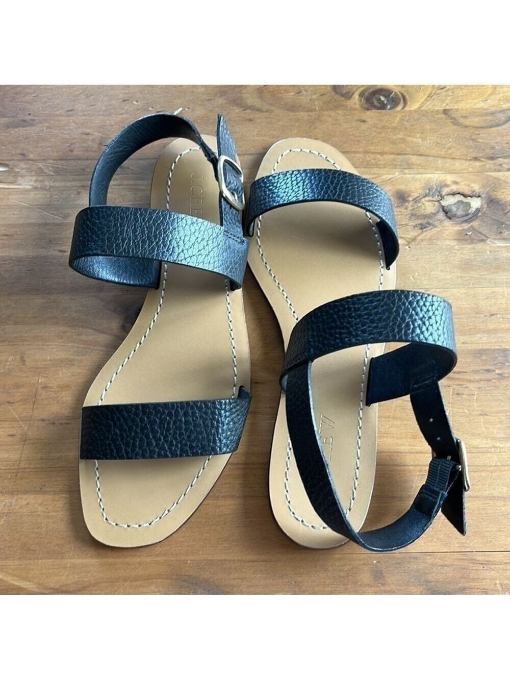 J. Crew Women’s Black Pebble Leather Flat Double Strap Sandals 6.5 - Picture 7 of 12